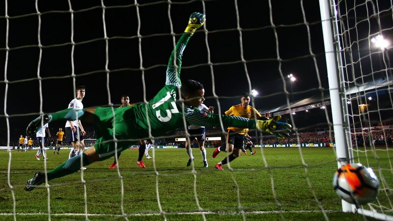 Pádraig Amond scores against Spurs in 2018. Photograph: Michael Steele/Getty
