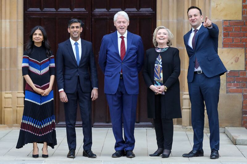 Taoiseach Leo Varadkar with UK prime minister Rishi Sunak, Mr Sunak's wife Akshata Murty, former US president Bill Clinton and former US secretary of state Hillary Clinton at an event marking the 25th anniversary of the Belfast Agreement in April. File photograph:  Paul Faith/Getty Images