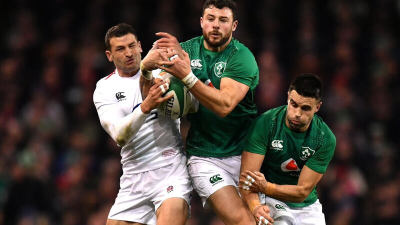 Ireland fullback Robbie Henshaw competes for the ball  with England’s Jonny May during the Six Nations match at the Aviva stadium. Photograph:   Dan Mullan/Getty Images