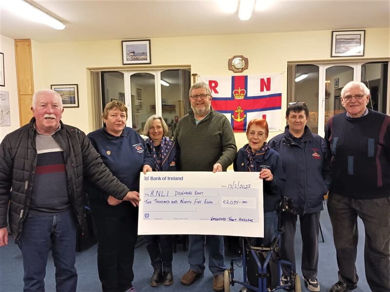 At the handover of cheque for €2,095 by Waterford Trout Angling Club to Dunmore East RNLI were women from the station and club chairman Willie Hanrahan (far left), PRO, Michael Sheehan (centre) and treasurer Pat Smith (right).
