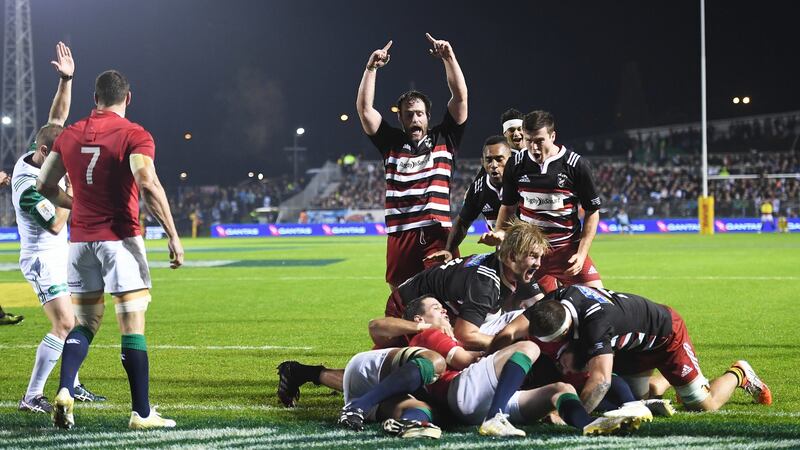 Sam Anderson-Heather scores a try for the Barbarians. Photograph: Andrew Cornaga/Inpho