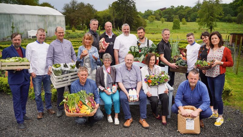 Euro-Toques Irish food award winners (left to right) Kevin Wallace, New Leaf Urban Farm; Noel and Margaret Lee, Connemara Seaweed Company; Derek and Brendan Allen, Castlemine Farm; Aonghus O’Coistealbha, Garrai Glas Farm; John Graham, Ballyholey Farm; Jenny Watkins and Janet Power, Gorse Farm; Donnacha Donnelly, Iona Farm; Claudia Marl and Noel Barco, The Village Dairy; Mags Riordan, Bumblebee Flower Farm; and John Murphy, Ballyminane Mill. Also pictured are chefs Graham Neville, Richard Corrigan and Gareth Mullins