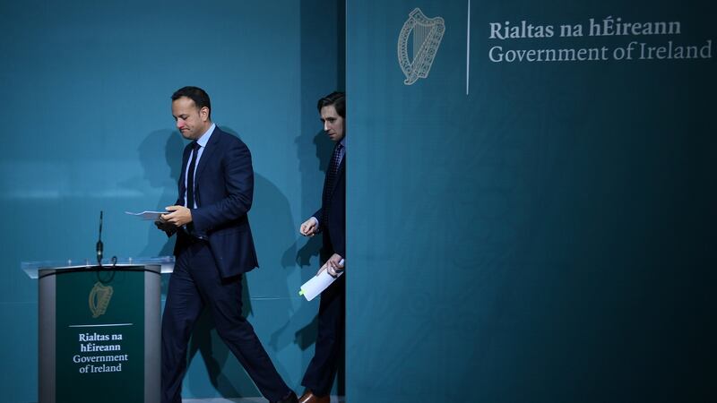 Taoiseach Leo Varadkar and Minister for Health Simon Harris arrive at Monday’s news referendum conference. Photograph: Clodagh Kilcoyne/Reuters