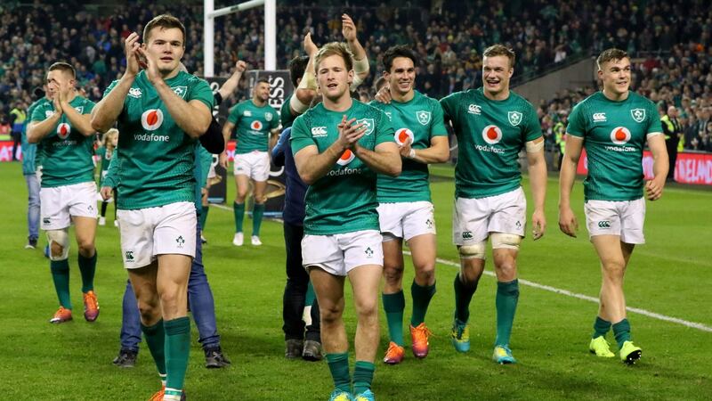 The Ireland players do a lap of honour after their victory. Photograph:  Paul Faith/Getty Images