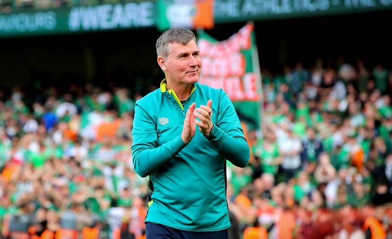 Stephen Kenny celebrates after a much-needed win. Photograph: Ryan Byrne/Inpho
