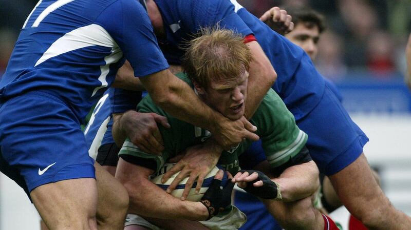Paul O’Connell is tackled during Ireland’s heavy defeat in Paris in 2004. Photograph: Billy Stickland/Inpho