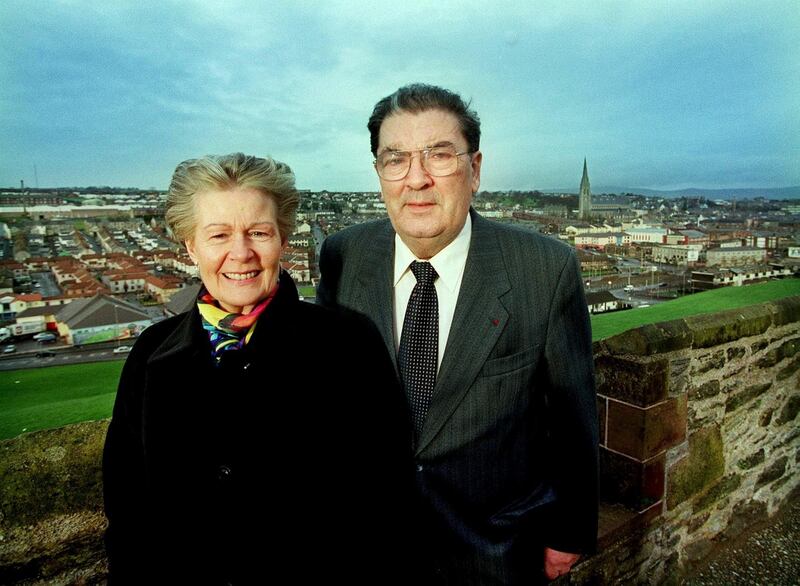 Hume: Beyond Belief – Pat and John Hume on Derry city walls in 1999. Photograph: Bryan O'Brien