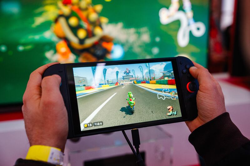 A gamer plays Mariokart World on the new Nintendo Switch 2 video-game console. Photograph: Dimitar Dilkoff/AFP via Getty Images