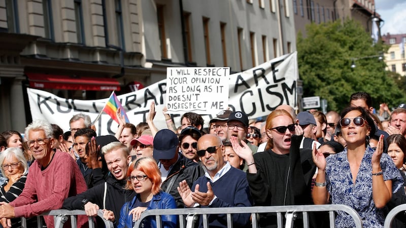 Counter-demonstrators gather during a neo-Nazi rally in Kungsholmstorg square in Stockholm, Sweden. Photograph: Fredrik Persson Sweden Out/EPA