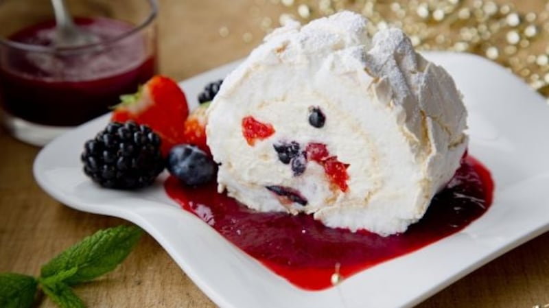 Vanessa Greenwood’s meringue roulade with mixed berry coulis