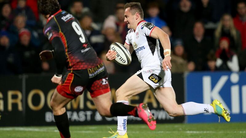 Ulster’s Michael Lowry breaks free and runs in a try during the Guinness Pro 14 game against Dragons at Kingspan stadium. Photograph: Tommy Dickson/Inpho