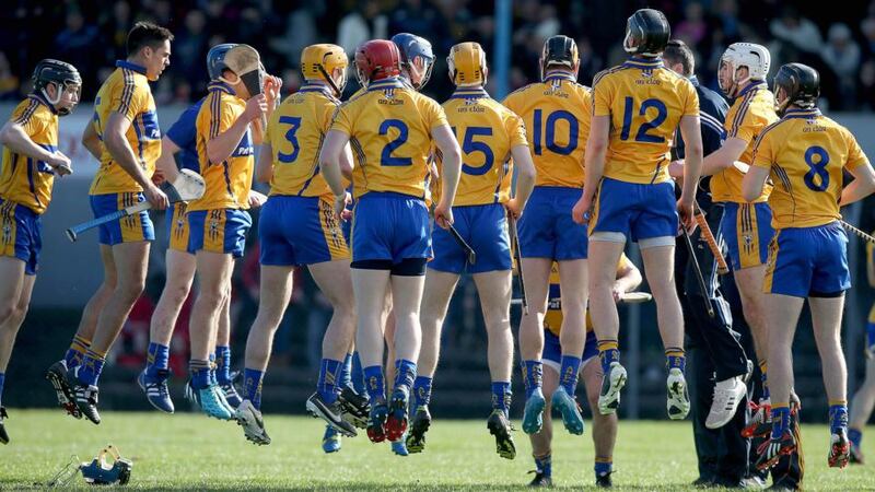 The Clare team warm up before the throw-in. Photograph: Donall Farmer/Inpho
