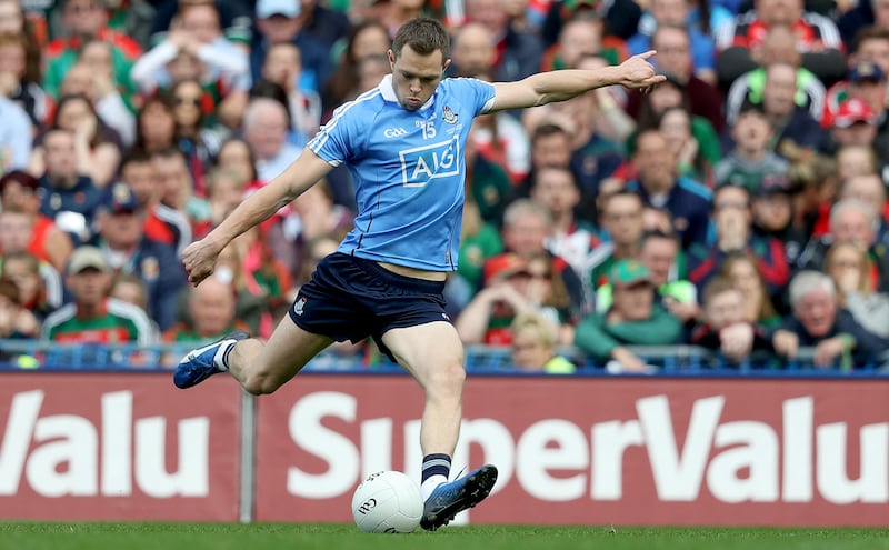 Dublin's Dean Rock kicking the famous free that won the 2017 All-Ireland final against Mayo. Photograph: Tommy Dickson/Inpho