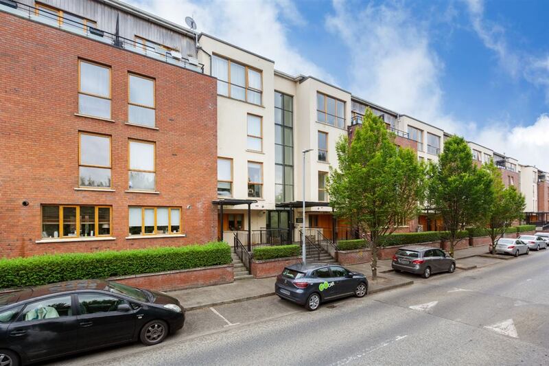 An underground parking space and communal gardens come with this Dublin apartment