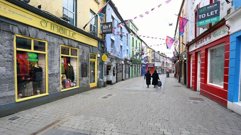A near-empty High Street in Galway city centre due to the Covid-19 crisis. Photograph: Joe O’Shaughnessy