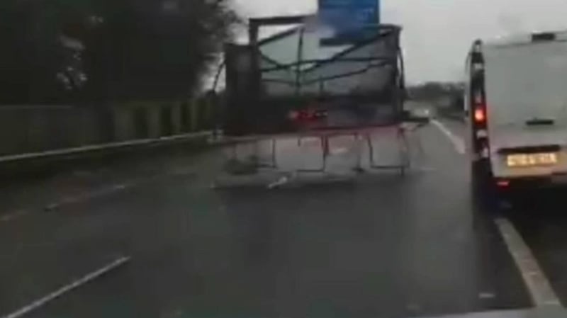 Drivers had to contend with a trampoline which was blown on to the M7 motorway outside Limerick this morning. Photograph: Michael Finnan via Twitter