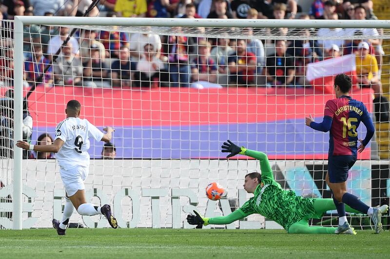 Kylian Mbappe scores his hat-trick for Real Madrid. Photograph: Josep Lago/AFP via Getty Images
