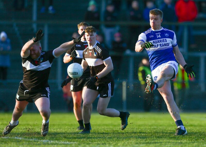 Newcastle West’s James Kelly tries to block a shot from Kerins O’Rahilly's Tommy Walsh during the Munster Club SFC final at Mallow, Co Cork. Photograph: Ken Sutton/Inpho 