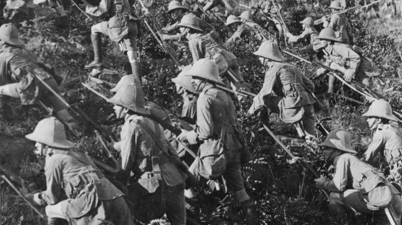 Half of a stereoscopic image depicting British troops advancing at Gallipoli, 6th August 1915. Photograph: Hulton Archive/Getty Images