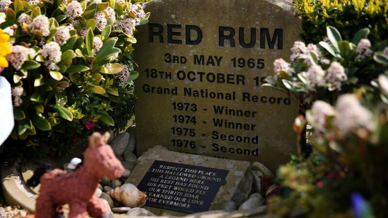 The headstone of Red Rum is seen at the finish line at Aintree on Grand National Day 2019, when the Gordon Elliott-trained  Tiger Roll completed back-to-back wins. Photograph:  Alex Livesey/Getty Images