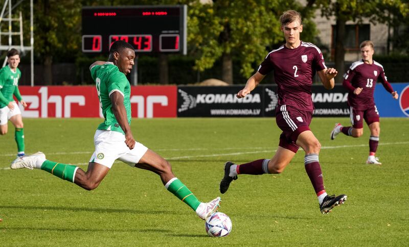 Ireland’s Sinclair Armstrong during a European U21 Championship qualifier against Latvia in October 2023. Photograph: Edijis Palens/Inpho