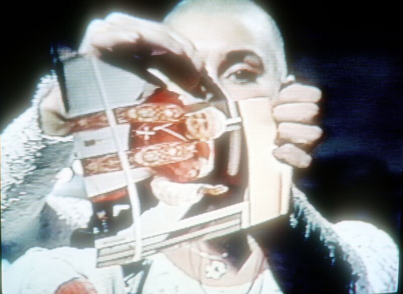 Sinéad O’Connor rips up a picture of Pope John Paul II on US TV show Saturday Night Live in October 1992. Photograph: Yvonne Hemsey/Getty Images