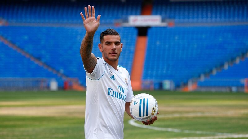 Theo Hernández during his unveiling at the Bernabeu. Photograph: Paul Hanna/Reuters