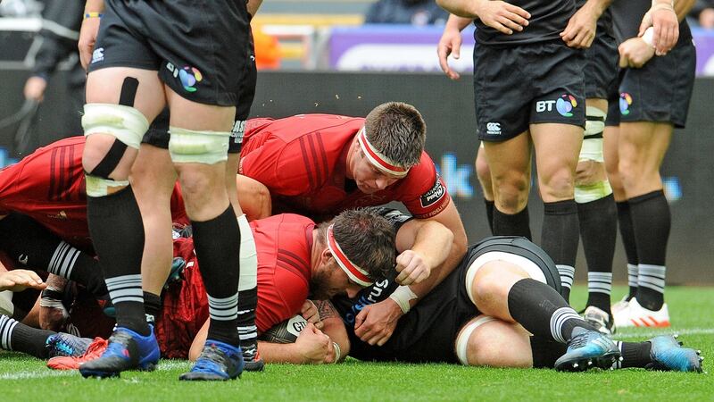 Munster’s Jean Kleyn scores his a try. Photograph: Ian Cook/Inpho