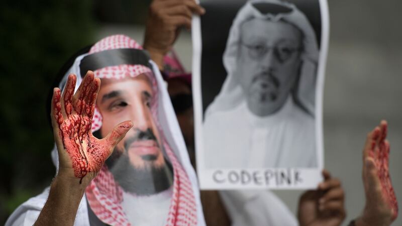 A demonstrator dressed as the Saudi Arabian crown prince, Mohammed bin Salman,  with blood on his hands demanding justice for  journalist Jamal Khashoggi. Photograph: Jim Watson / AFP/Getty Images