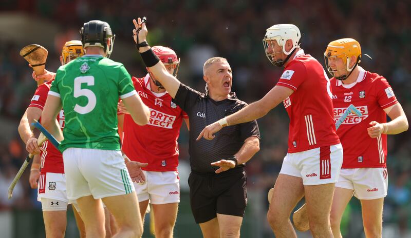 Cork’s Alan Connolly, Tim O'Mahony and Shane Barrett speak to referee Liam Gordon. Photograph: James Crombie/Inpho