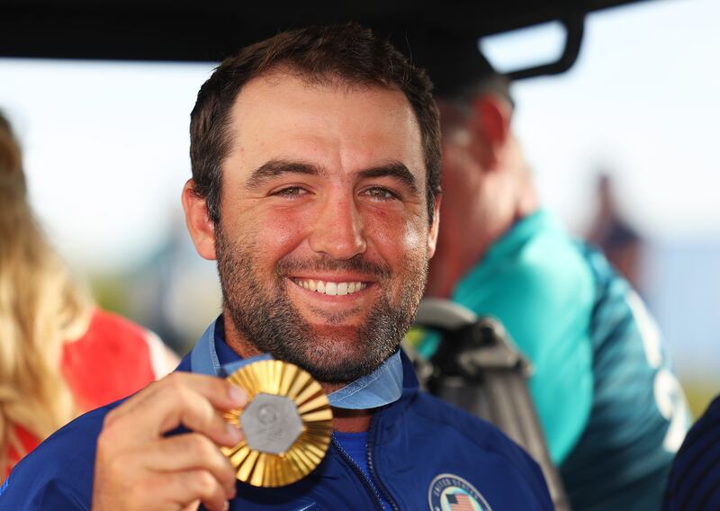 Gold medalist Scottie Scheffler at Le Golf National in Paris, France. Photograph: Andrew Redington/Getty Images