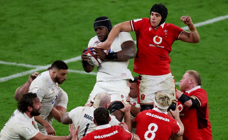 Maro Itoje of England is challenged by Dafydd Jenkins of Wales in a lineout during the Six Nations match between England and Wales at Twickenham Stadium. Photograph: Michael Steele/Getty Images