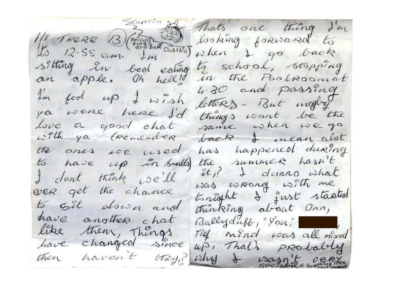 Extract from a notelet to Belinda Lee from Trisha Lovett, sent after Ann Lovett's death. A child's name has been redacted.