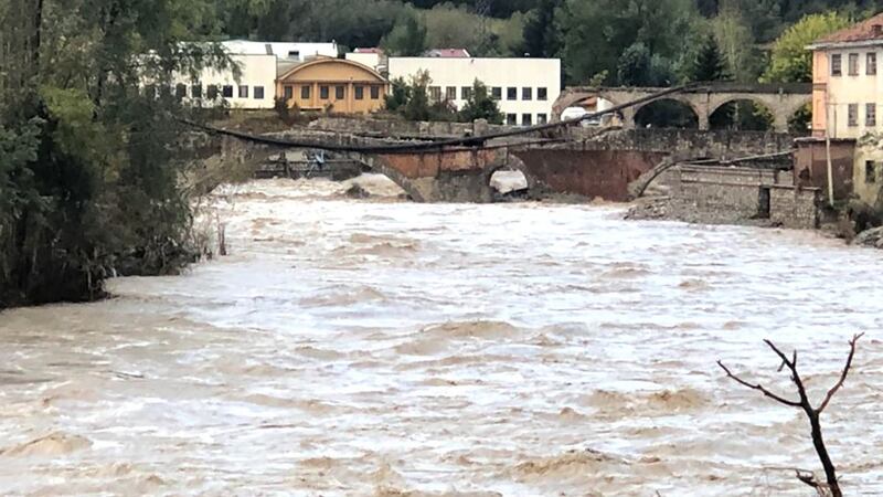 The flooding of the river Tanaro, in Ormea, near Cuneo, beats the flood values of 1994 and 2016 before falling below the levels of danger. Photograph: Raffaele Sasso/EPA