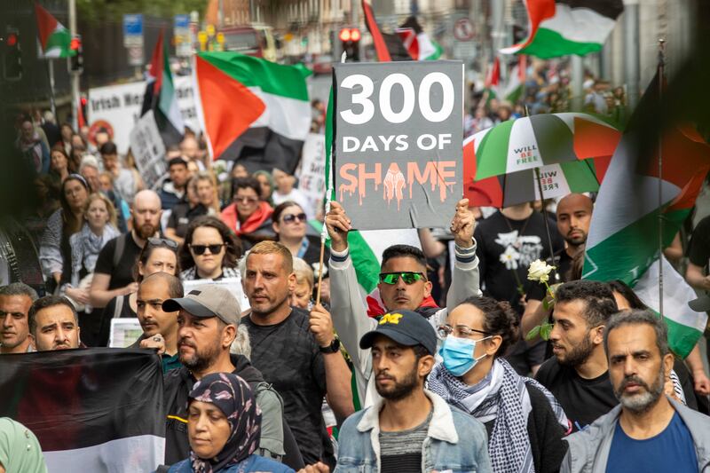 Hundreds attended a vigil which starting on O'Connell Street to commemorate the 300th day of the Israel-Hamas war. Photograph: Tom Honan