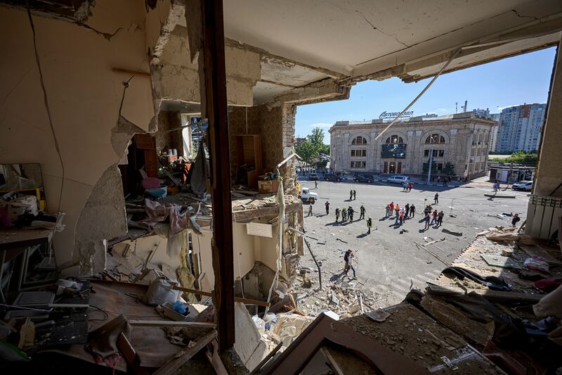 A damaged flat following a Russian bomb attack on an apartment building in Kharkiv. Photograph: Sergey Kozlov/EPA