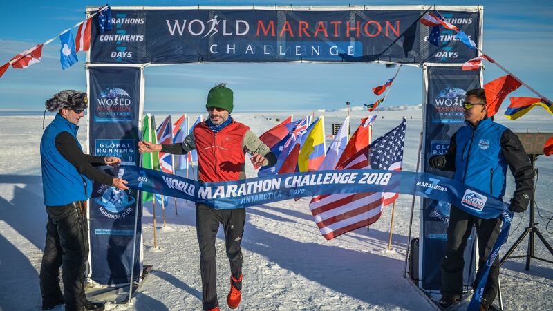 Gary Thornton finishes the Novo marathon.