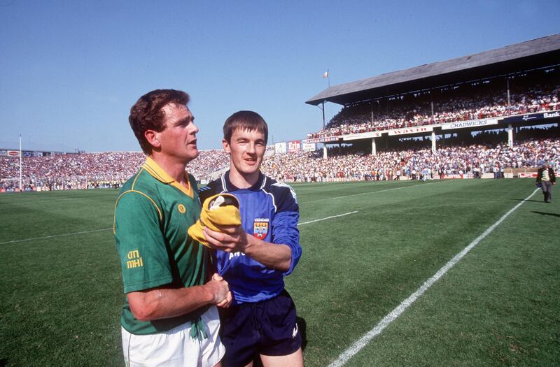 Meath's Colm O'Rourke and Dublin's John O'Leary. Laochra Gael covered the famous Meath/Dublin four game saga of 1991. Photograph: Inpho