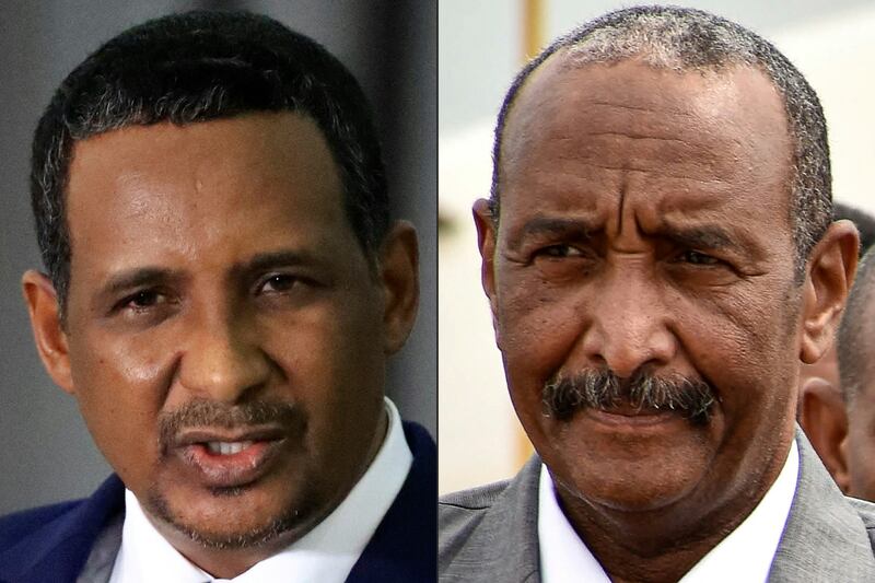 From left, Mohamed Hamdan Dagalo, who commands the paramilitary Rapid Support Forces (RSF), and Sudan's army chief, Abdel Fattah al-Burhan. Photograph: Ashraf Shazly and Akuot Chol/ AFP via Getty Images