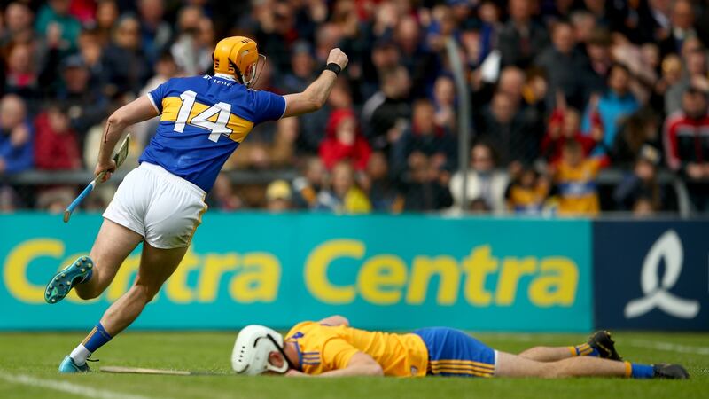 Séamus Callanan celebrates another goal – this time against Clare in Ennis. He is the record goalscorer – on 34 and counting – in Tipperary hurling history. Photograph: James Crombie/Inpho