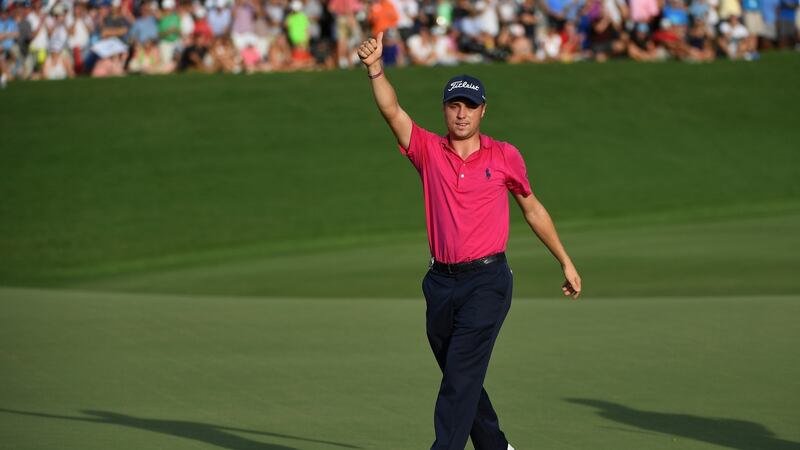 Justin Thomas of the United States thanks the crowd after winning the 2017 PGA Championship at Quail Hollow Club. Photograph: Ross Kinnaird/Getty