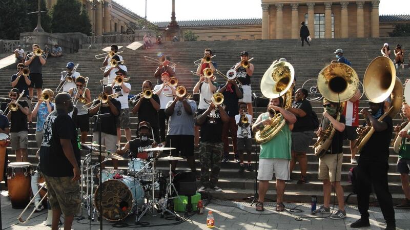 A Philadelphia orchestral band known as The Brotherhood performed in front of the Philadelphia Art Museum  in support of the Black Lives Matter movement on July 5th. Photograph: Cory Clark/NurPhoto/Getty Images