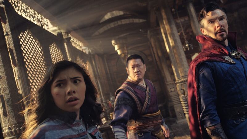 Xochitl Gomez, Benedict Wong and Benedict Cumberbatch in Raimi’s upcoming Doctor Strange sequel.