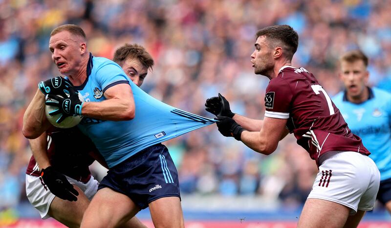 Dublin’s Ciarán Kilkenny with Séan Mulkerrin and Paul Conroy of Galway. Photograph: Ryan Byrne/Inpho 