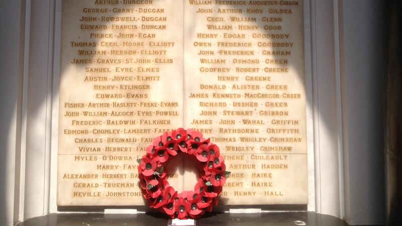 One of the Hall of Honour marbel panels with the names of  Trinity students, staff and alumni who died in the war. Photograph: Peter Murtagh