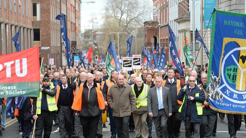 Bus Éireann staff protest outside Leinster House. Photograph: Dara Mac Donaill