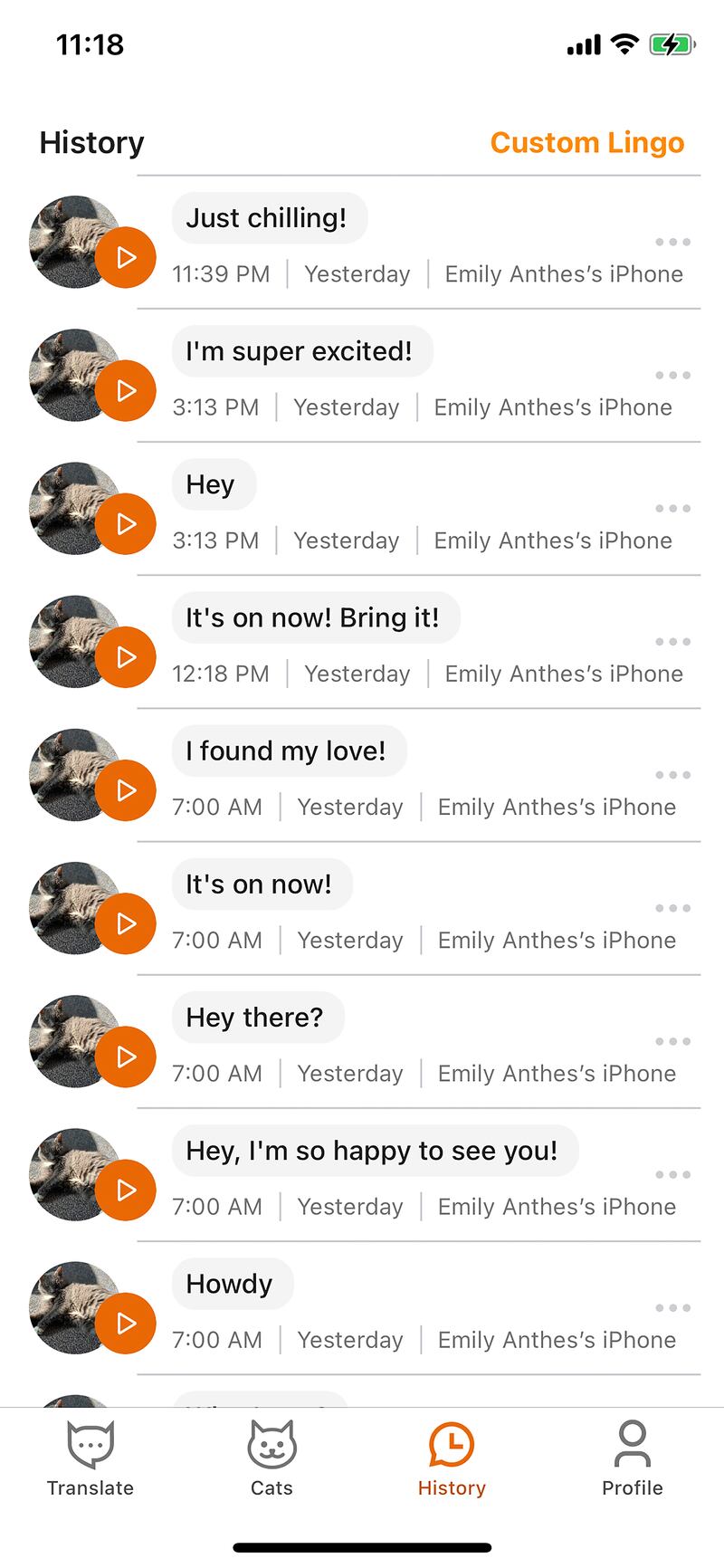 A history of pet translations by the MeowTalk mobile app. Photograph: MeowTalk via The New York Times