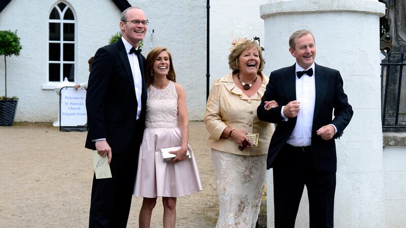 Simon Coveney, Ruth Coveney,   Fionnuala Kenny and Enda Kenny at the wedding of Simon Harris and Caoimhe Wade in St Patrick’s Church Kilquade, Co Wicklow. Photograph: Cyril Byrne