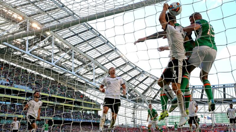 Shane Duffy v Stefan Lainer: of course it’s going to look a bit like a foul when a 6ft 4in centre back takes a running jump at a 5ft 9in full back. Photograph: Morgan Treacy/Inpho Ireland’s Shane Duffy scores a goal which was later disallowed after the referee judged him to have fouled Stefan Lainer. Photo: Morgan Treacy/Inpho