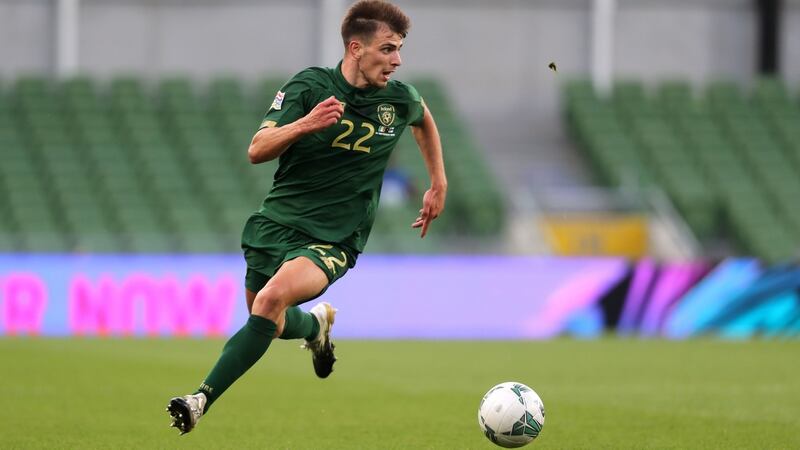 Republic of Ireland midfielder Jayson Molumby on the ball during the Uefa Nations League match against Finland at the Aviva Stadium. Photograph: Niall Carson/NMC Pool/PA Wire